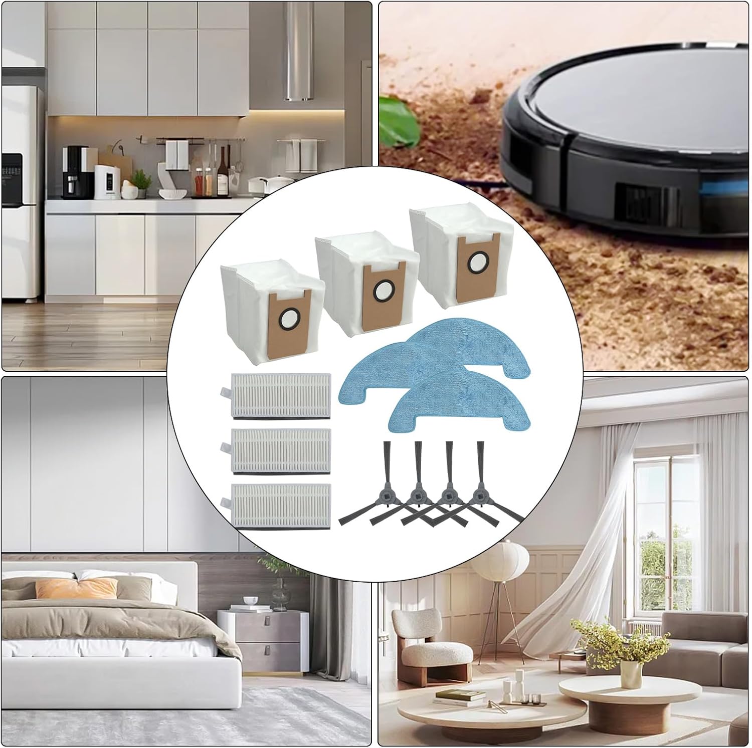 Side Brushes HEPA Filters Mop Pads Dust Bags Kit for Loorow AT800 3-in-1 Robot Vacuum Cleaner, Home Vacuums Attachment Replacement Parts - Image 2