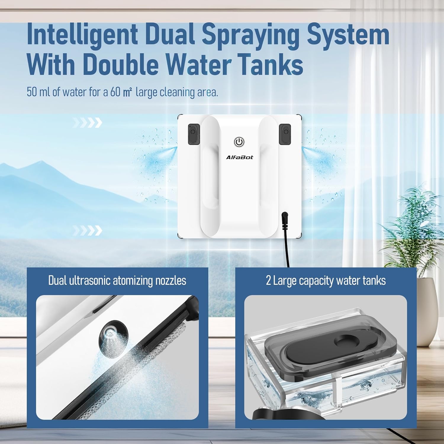 AlfaBot Window Cleaner Robot, Upgraded Intelligent Dual Water Spray & 3800PA Suction Power Window Cleaner with Edge Detection Technology, Perfect for High-Rise Windows, Tiles and Glass, Outdoor Use - Image 4