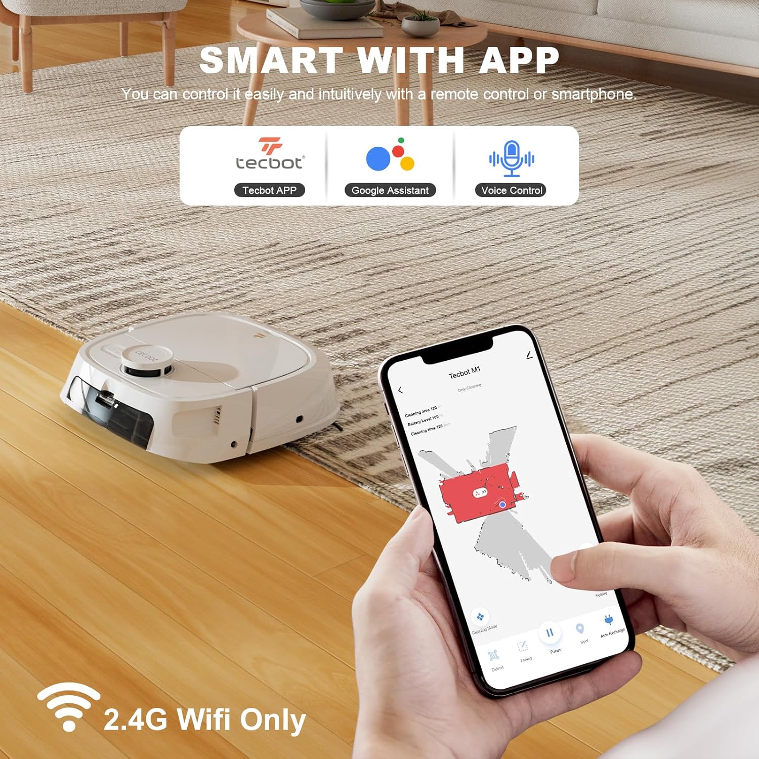 TECBOT Robot Vacuum and Mop (M1 Pro) - LiDAR Robotic Vacuums Cleaner for Home with Pet Hair, Carpet, Hardwood Floors, Auto Smart Mopping, Self Cleaning, Avoids Obstacles, Voice Control, White - Image 2