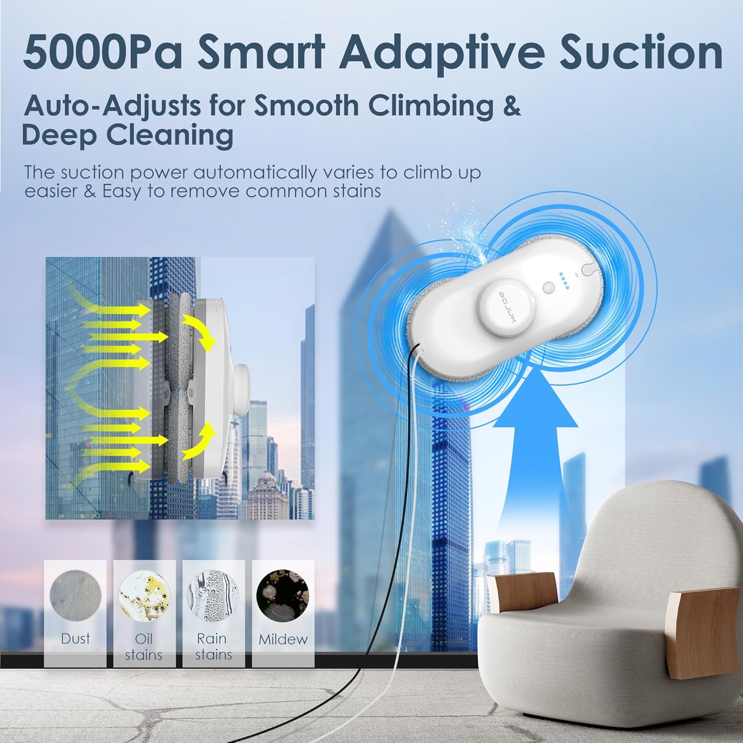 Window Cleaning Robot, 5000Pa Suction, Dual Spray, AI Smart Path Planning, Wet and Dry Glass Cleaner with Edge Detection and Anti-Drop Protection for High-Rise Windows (White) - Image 3