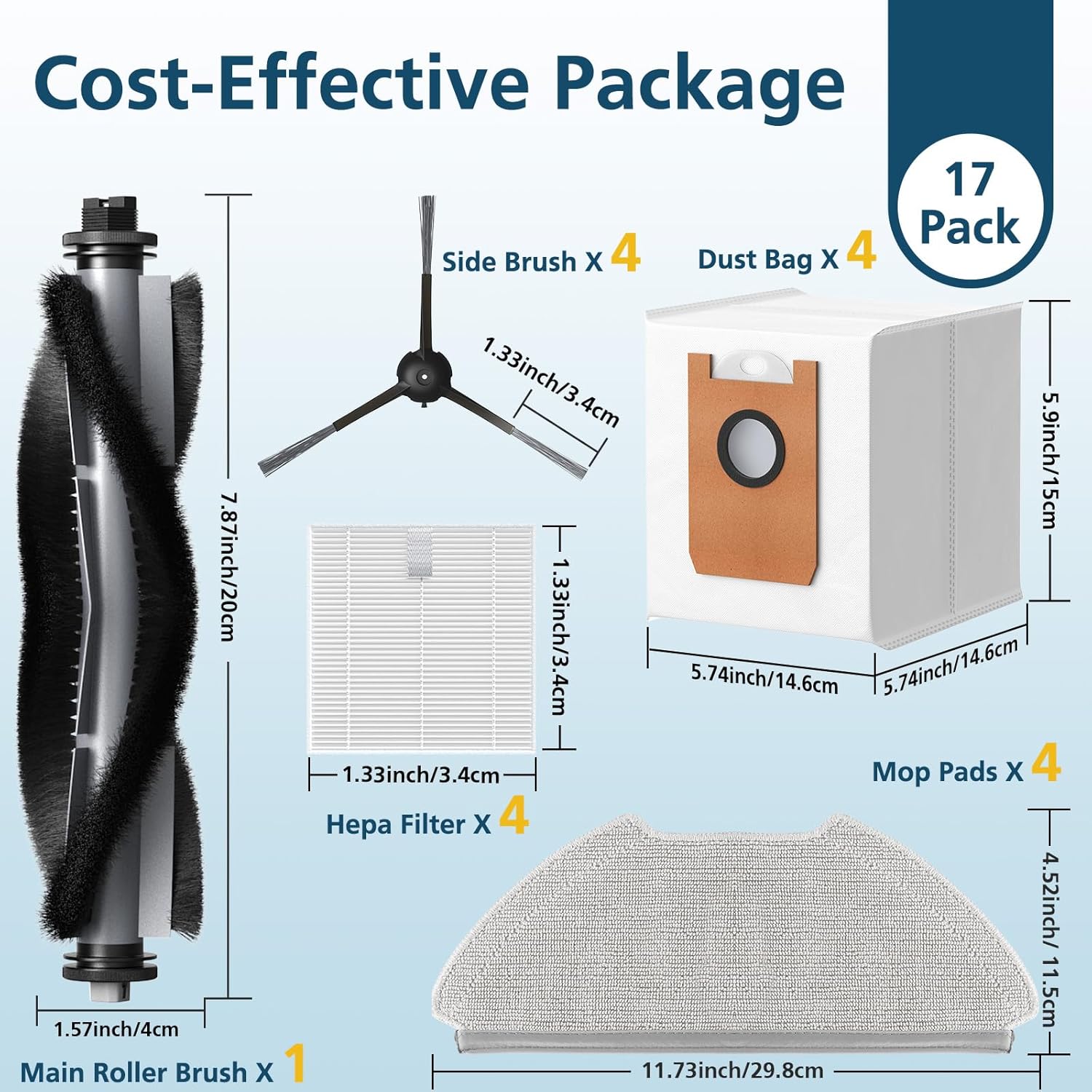 T20+ Accessories Replacement Parts for Airrobo T20+ /T25+/T30+/T25+C and for FIXR T20 Robotic Vacuum Cleaner, 1 Roller Brush, 4 Mop Pads, 4 Hepa Filters, 4 Dust Bags, 4 Side Brushes, 17 Pack - Image 4