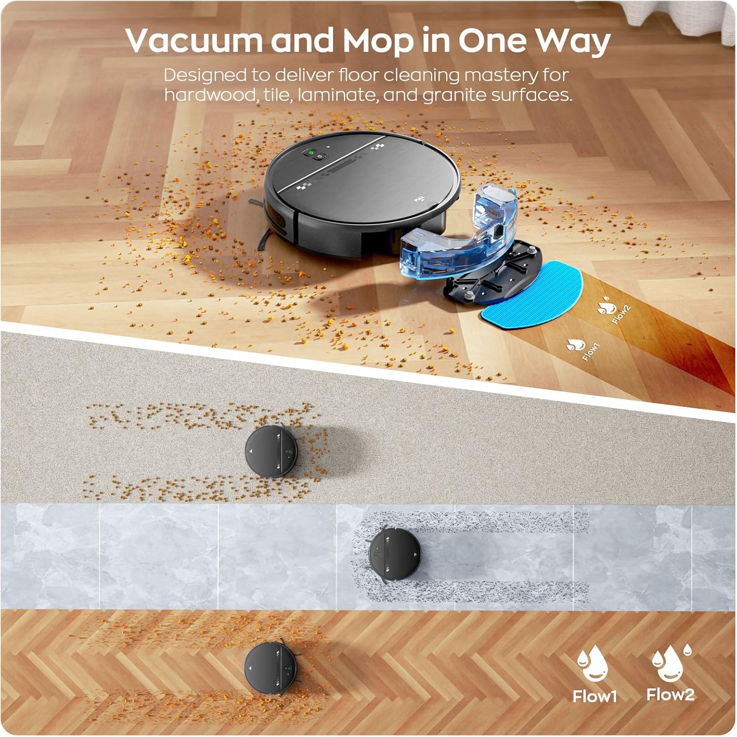 2 in 1 Robot Vacuum and Mop Combo, 2.87'' Ultra-Slim Robotic Vacuum Cleaner with 3D Obstacle Avoidance, for Hard Floors and Carpets, Wi-Fi/App/Voice Controlled for Pet Hair, Self-Charging - Image 2