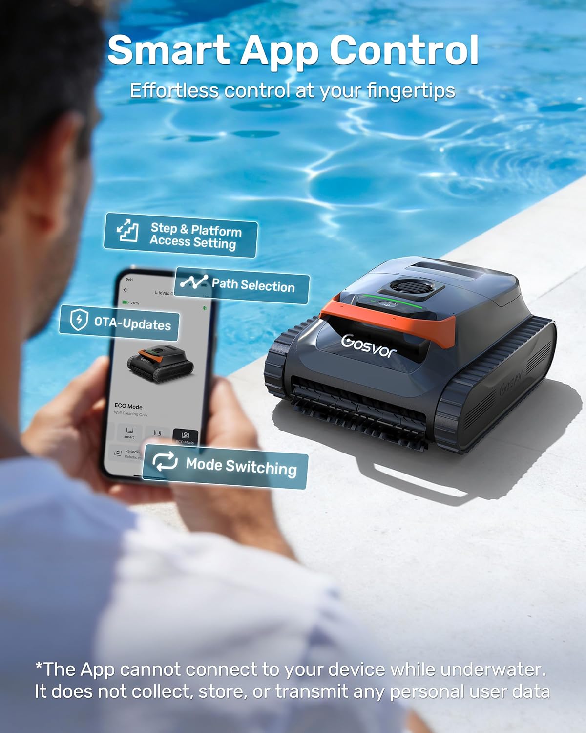(2026 New) Gosvor Pool Vacuum LiteVac G1, Wall & Waterline & Platform Cleaning, 15.2 lbs Ultra-Lightweight, Up to 200-Min Runtime, Double Filtration, Smart Navigation & App, For Pools up to 2153 sq.ft - Image 9