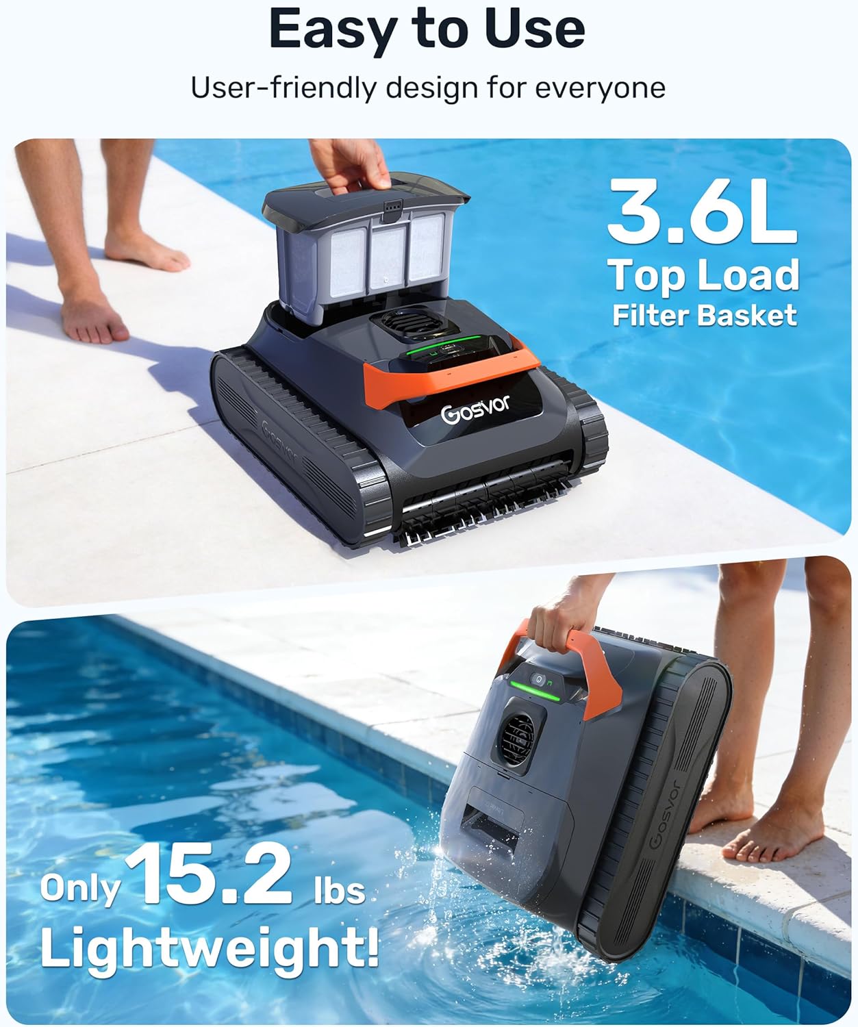 (2026 New) Gosvor Pool Vacuum LiteVac G1, Wall & Waterline & Platform Cleaning, 15.2 lbs Ultra-Lightweight, Up to 200-Min Runtime, Double Filtration, Smart Navigation & App, For Pools up to 2153 sq.ft - Image 4
