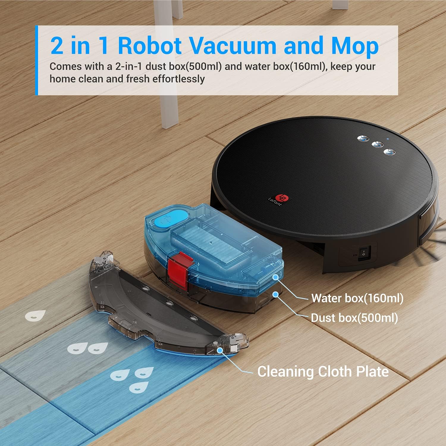 Lefant Robot Vacuum and Mop, Robotic Vacuum Cleaner with 3200Pa Suction, Smart Navigation, 150 Mins Runtime, Works with Alexa and Google Assistant, Self-Charging, Ideal for Pet Hair,Floor,Carpet(U180) - Image 6