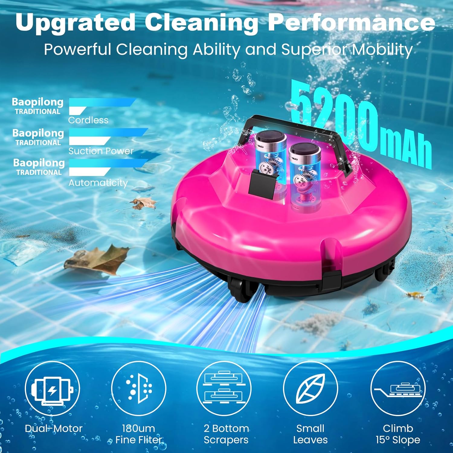 2025 Cordless Robotic Pool Cleaner - 120 Mins Automatic Pool Vacuum for Above Ground Pool & In - Ground Flat Pools up to 1000 Sq.Ft, Robot Pool Cleaner with Self - Parking Tech - Image 6