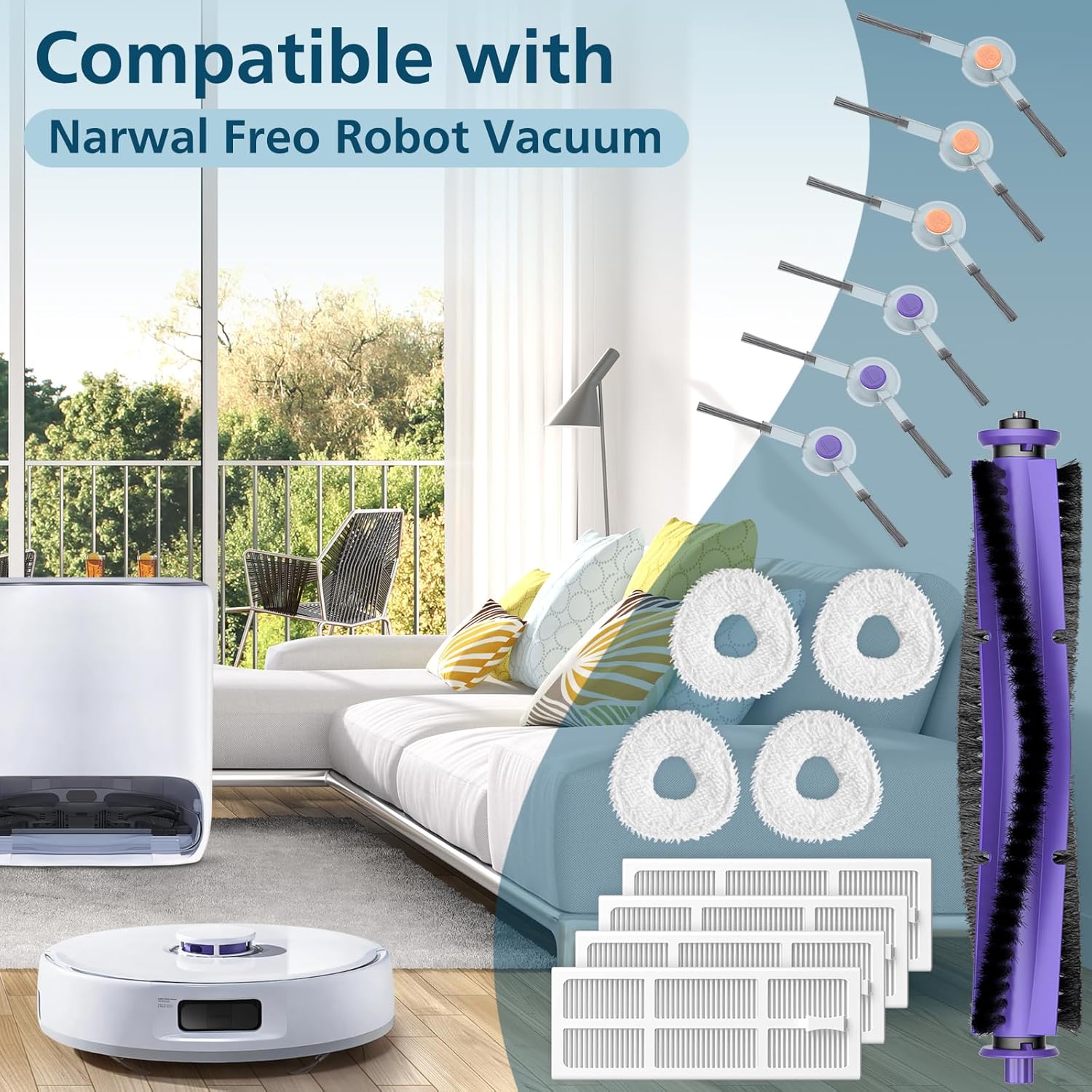 Replacement Parts Accessories Compatible with Narwal Freo Robot Vacuum 1 Roller Brush,4 HEPA Filters, 4 Mop Pads, 6 Side Brushes, 15 Pack - Image 2