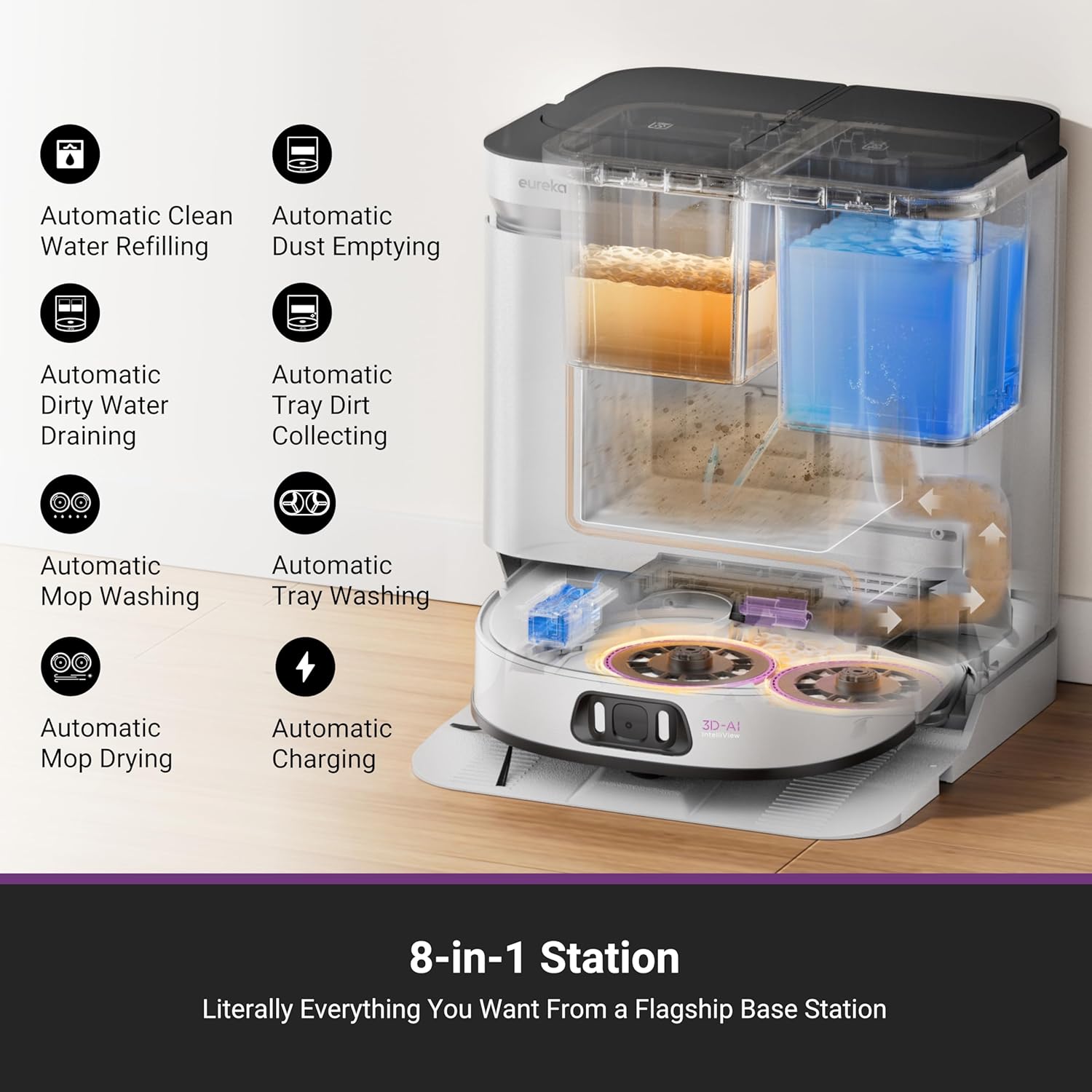 Eureka J15 Pro Ultra Robot Vacuum and Mop with Self Emptying Base, 16,200 Pa Suction, Flex-Arm Design Mop, Auto Mop Hot Water Washing & Hot Air Drying, Anti-Tangle, AI Obstacle Avoidance, White - Image 2