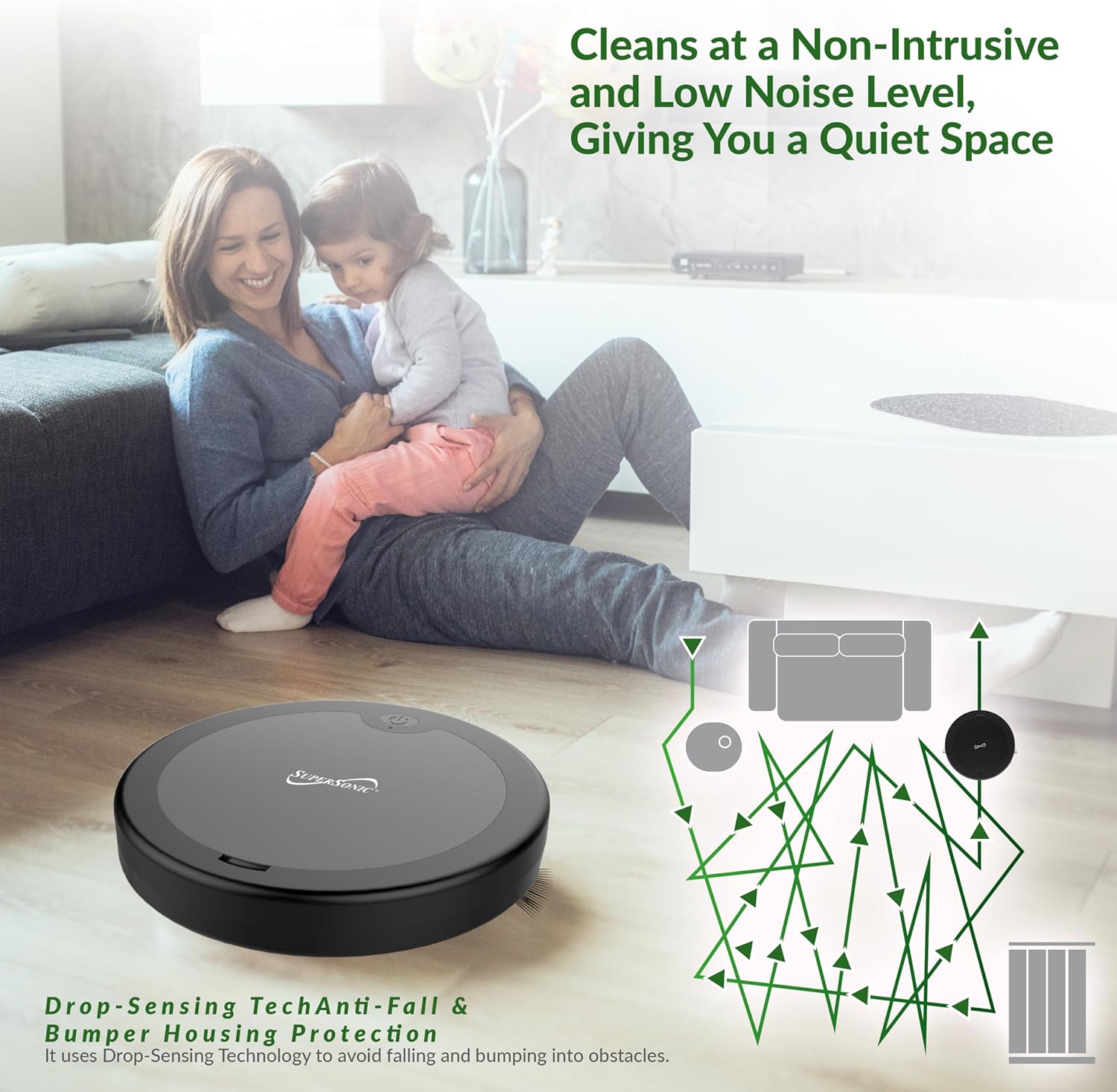 Supersonic SC-820SV Robot Vacuum & Dry Mop, Quiet Clean, Low-Profile Design, 120 Minutes Cleaning Time, Drop-Sensing Technology, 420ML Dust Bin, Brushless Motor, Fast Charging - Image 3