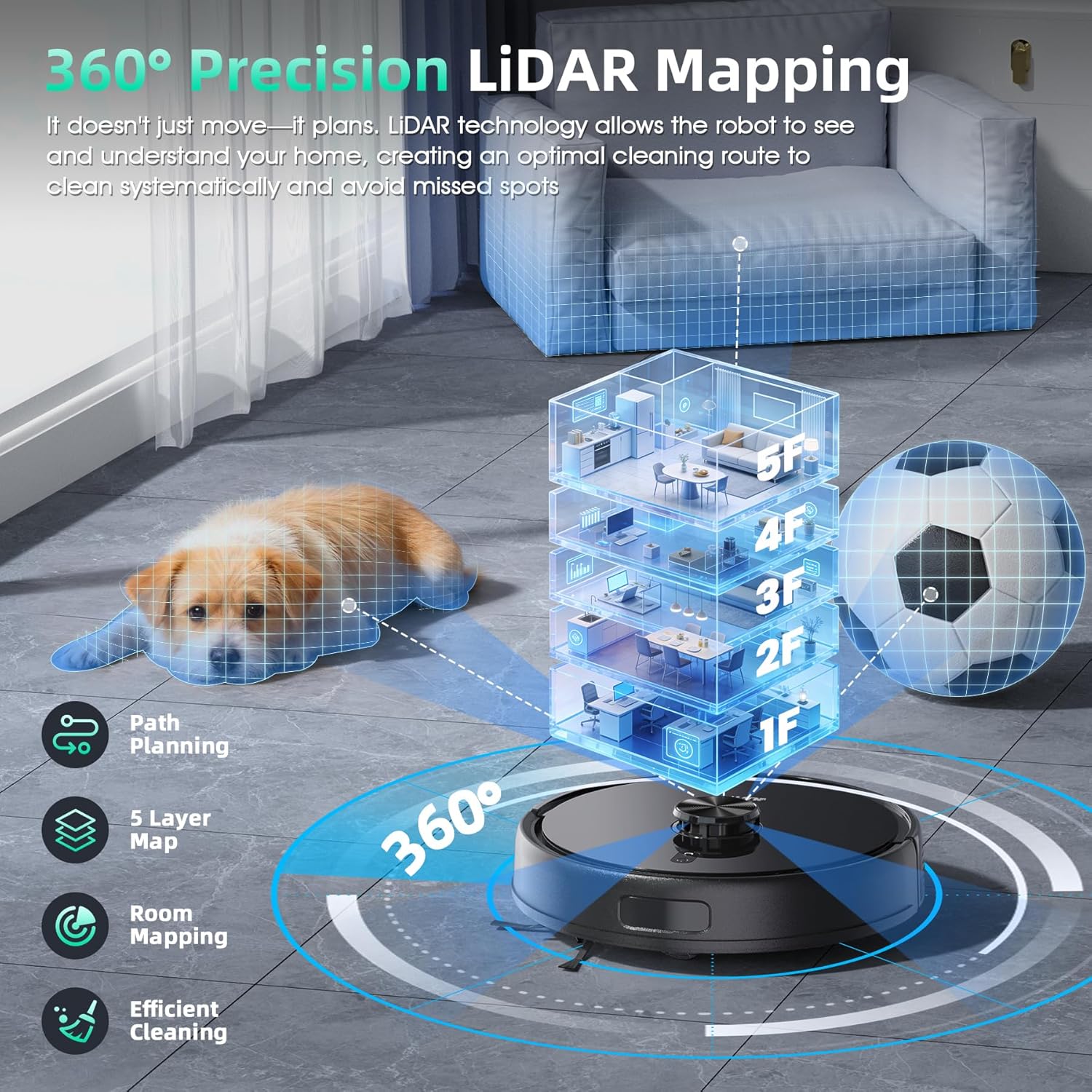 Livvi 2 in 1 Robot Vacuum and Mop Combo, 3500 Pa Suction, Laser Navigator with Smart Mapping,120 Min Runtime, App/Voice/Remote Control, Self-Charging for Pet Hair & Hard Floor - Image 4