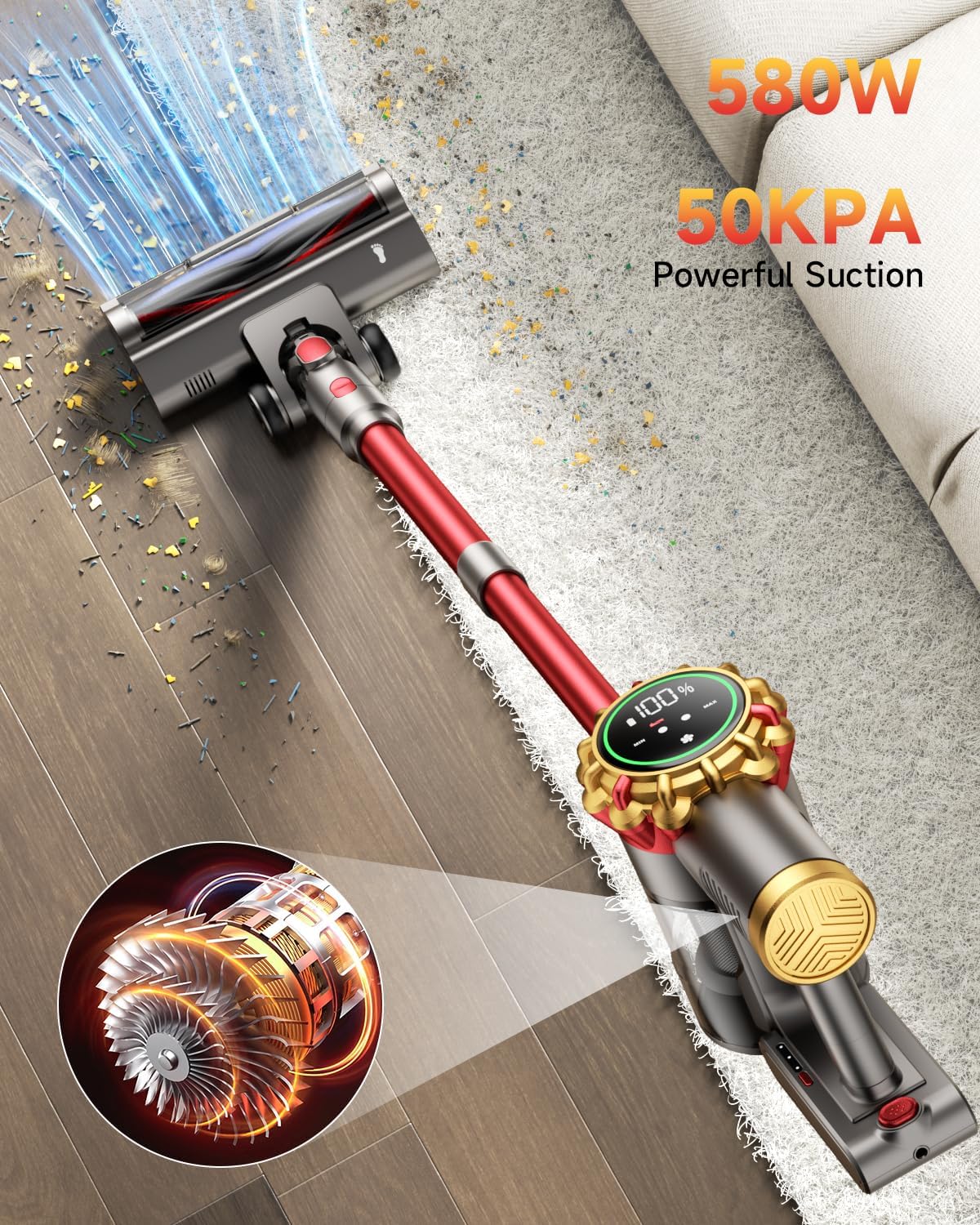 Cordless Vacuum Cleaner 580W 50Kpa Vacuum Cleaners for Home, 65 Mins Battery Stick Vacuum Anti-Tangle, Self-Standing, 8-in-1 Lightweight Vacuum for Hardwood Floor/Carpet/Pet Hair - Image 2