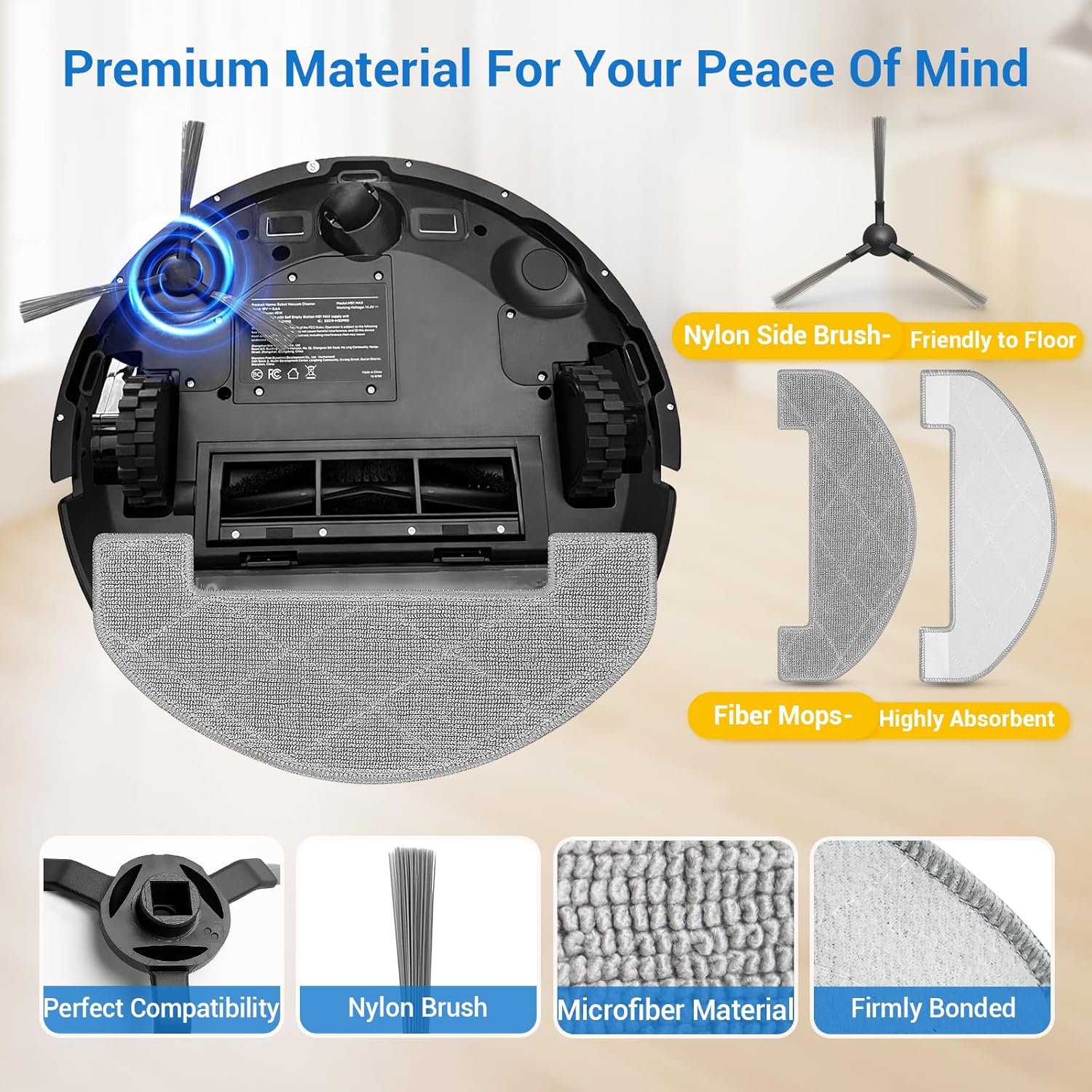 Bluevisk MS1 MAX Replacement Parts for For MONSGA MS1 MAX Robotic Vacuum Cleaner Parts with 1 Roller Brush, 4 HEAP, 6 Mop, 6 Dust Bags, 6 Side Brushes, 1 Clean Brush - Image 3