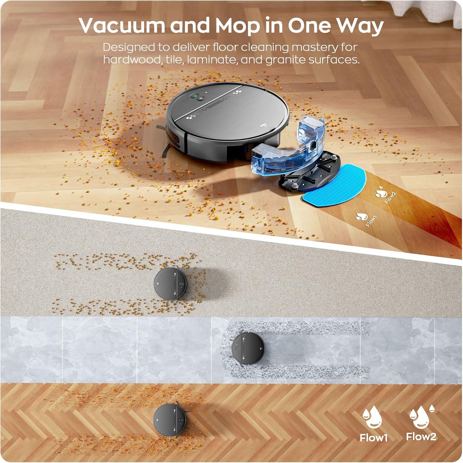 Robot Vacuum and Mop Combo, 2-in-1 Mopping Robot Vacuum Cleaner with 2300Pa Suction, 2.87'' Slim Design, Wi-Fi/App/Voice Control, 3D Obstacle Avoidance&Self-Charging for Hard Floors, Carpets, Pet Hair - Image 2