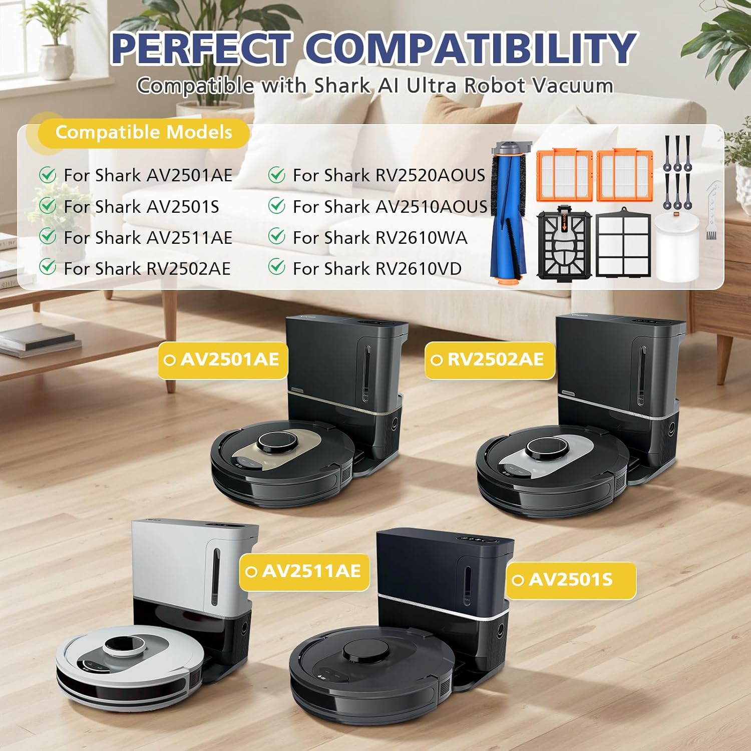 Replacement Parts for Shark AI AV2501S AV2501AE RV2502AE RV2520AOUS AV2510AOUS AV2511AE RV2610WA RV2610WD Accessories Kit with Main Brush, Filters, Foam Filters, PrFilte, Side Brushes, Replacement - Image 2