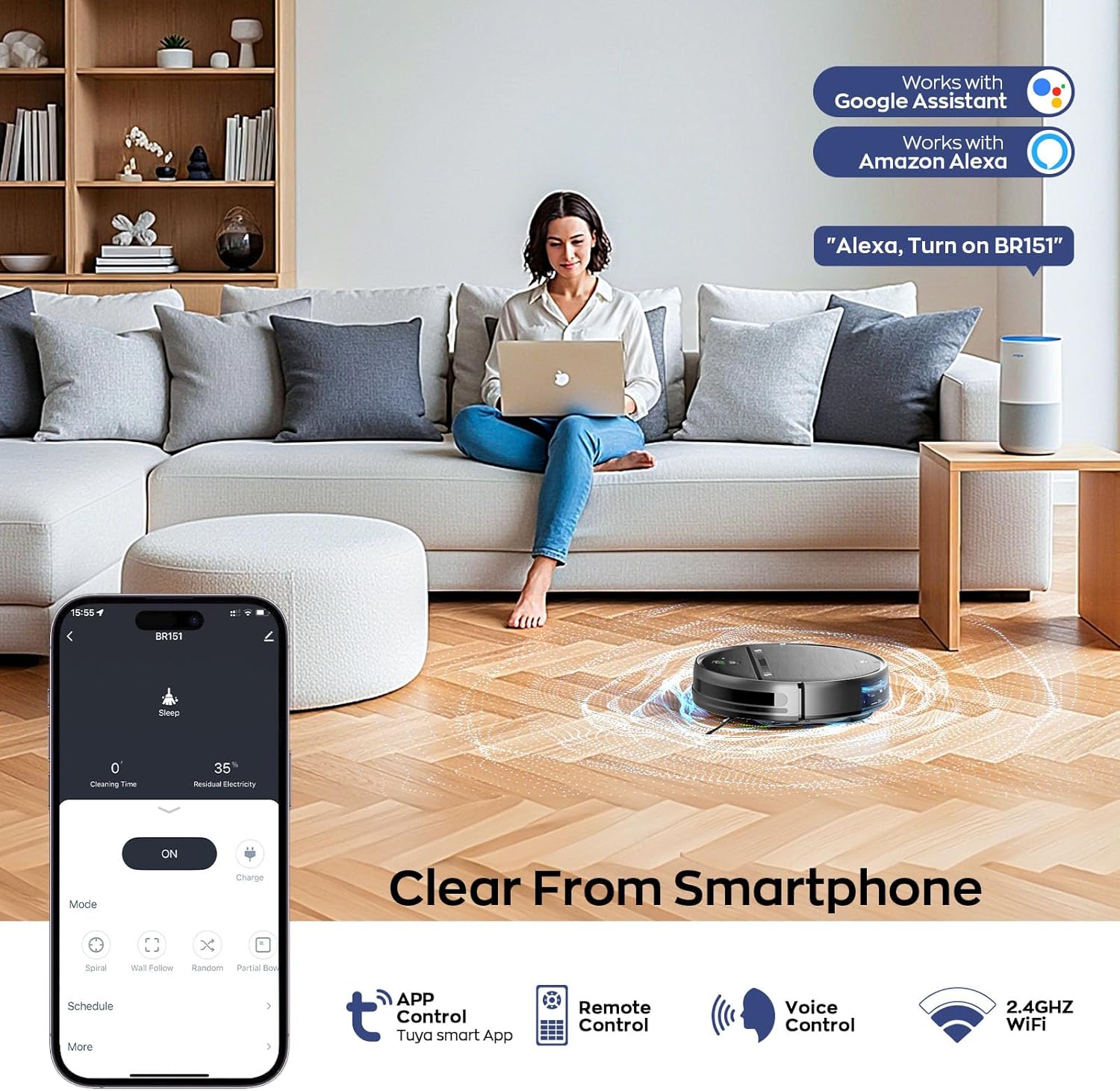 Robot Vacuum and Mop Combo, 2-in-1 Mopping Robot Vacuum Cleaner with 2300Pa Suction, 2.87'' Slim Design, Wi-Fi/App/Voice Control, 3D Obstacle Avoidance&Self-Charging for Hard Floors, Carpets, Pet Hair - Image 5