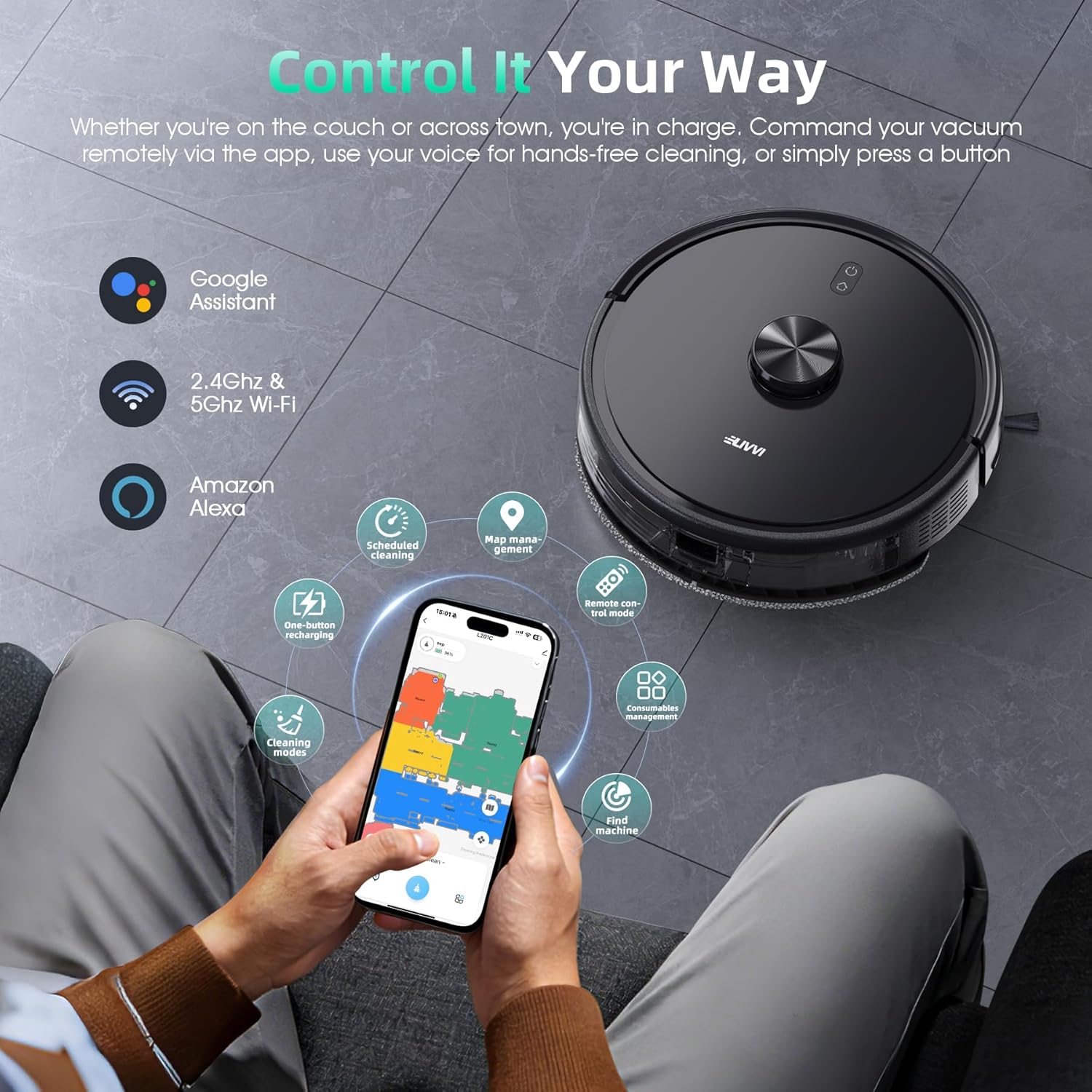 Livvi 2 in 1 Robot Vacuum and Mop Combo, 3500 Pa Suction, Laser Navigator with Smart Mapping,120 Min Runtime, App/Voice/Remote Control, Self-Charging for Pet Hair & Hard Floor - Image 2