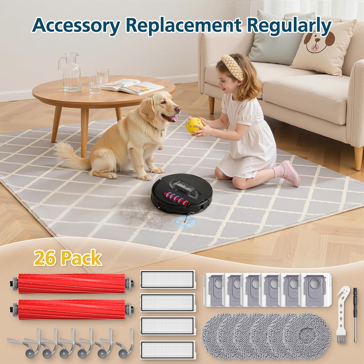 26 Pack Replacement Accessories for Roborock QV 35A / QV 35S Robot Vacuum, 2*Main Brush, 6*Side Brush, 4*Filters, 6*Mop Pads, 6*Dust Bag, 2*Tools - Image 9