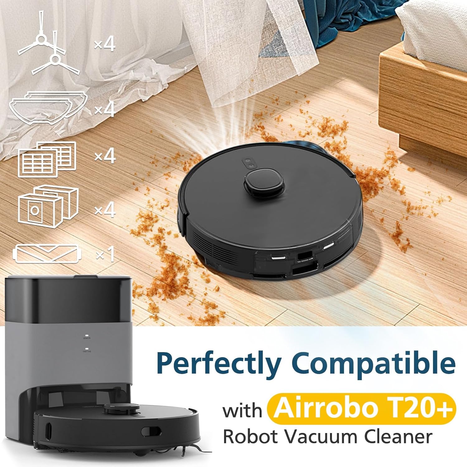 T20+ Accessories Replacement Parts for Airrobo T20+ /T25+/T30+/T25+C and for FIXR T20 Robotic Vacuum Cleaner, 1 Roller Brush, 4 Mop Pads, 4 Hepa Filters, 4 Dust Bags, 4 Side Brushes, 17 Pack - Image 2