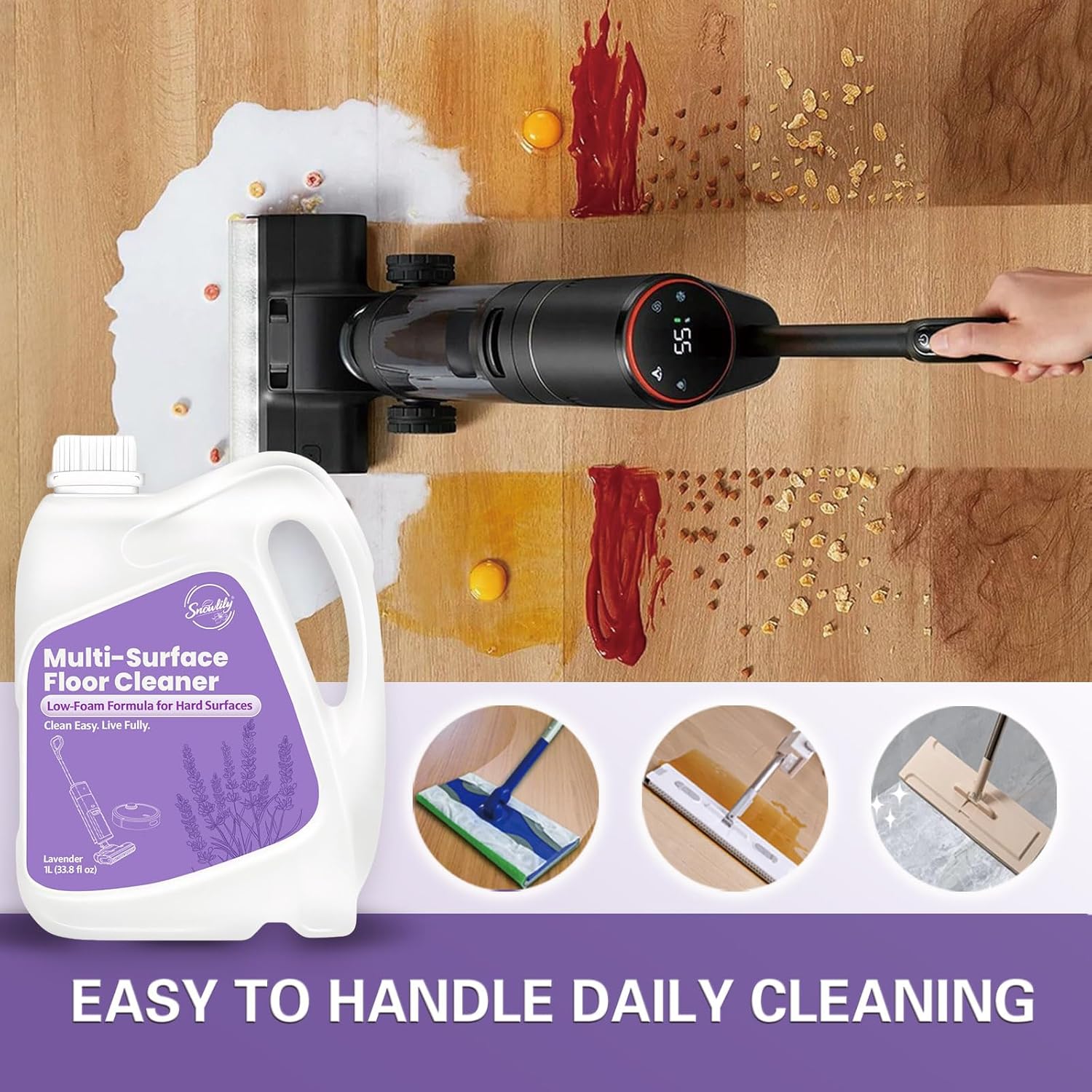 Snowlily 33.8 FL OZ Floor Cleaning Solution Compatible with Robot Vacuum, Residue & Streak Free, Low Foam Floor Cleaner for Mopping, for All Robot Vacuum Mops & Wet Dry Vacuum Cleaners, Lavender - Image 2