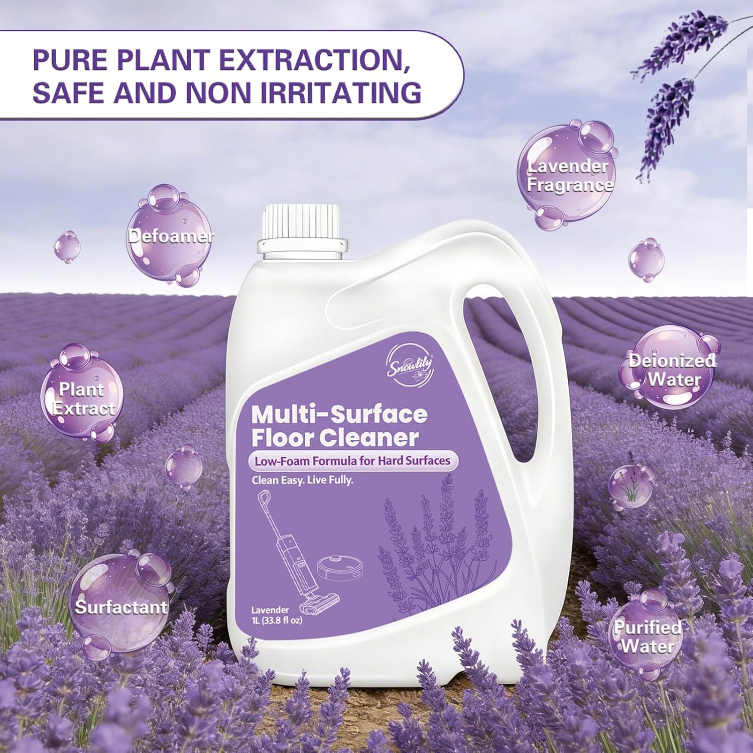 Snowlily 33.8 FL OZ Floor Cleaning Solution Compatible with Robot Vacuum, Residue & Streak Free, Low Foam Floor Cleaner for Mopping, for All Robot Vacuum Mops & Wet Dry Vacuum Cleaners, Lavender - Image 3