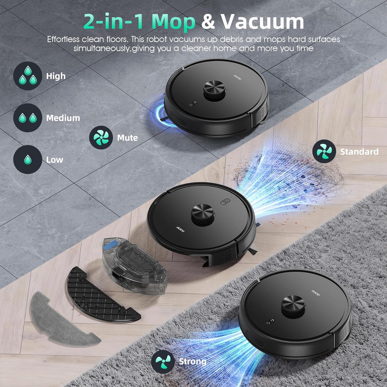 Livvi 2 in 1 Robot Vacuum and Mop Combo, 3500 Pa Suction, Laser Navigator with Smart Mapping,120 Min Runtime, App/Voice/Remote Control, Self-Charging for Pet Hair & Hard Floor - Image 5