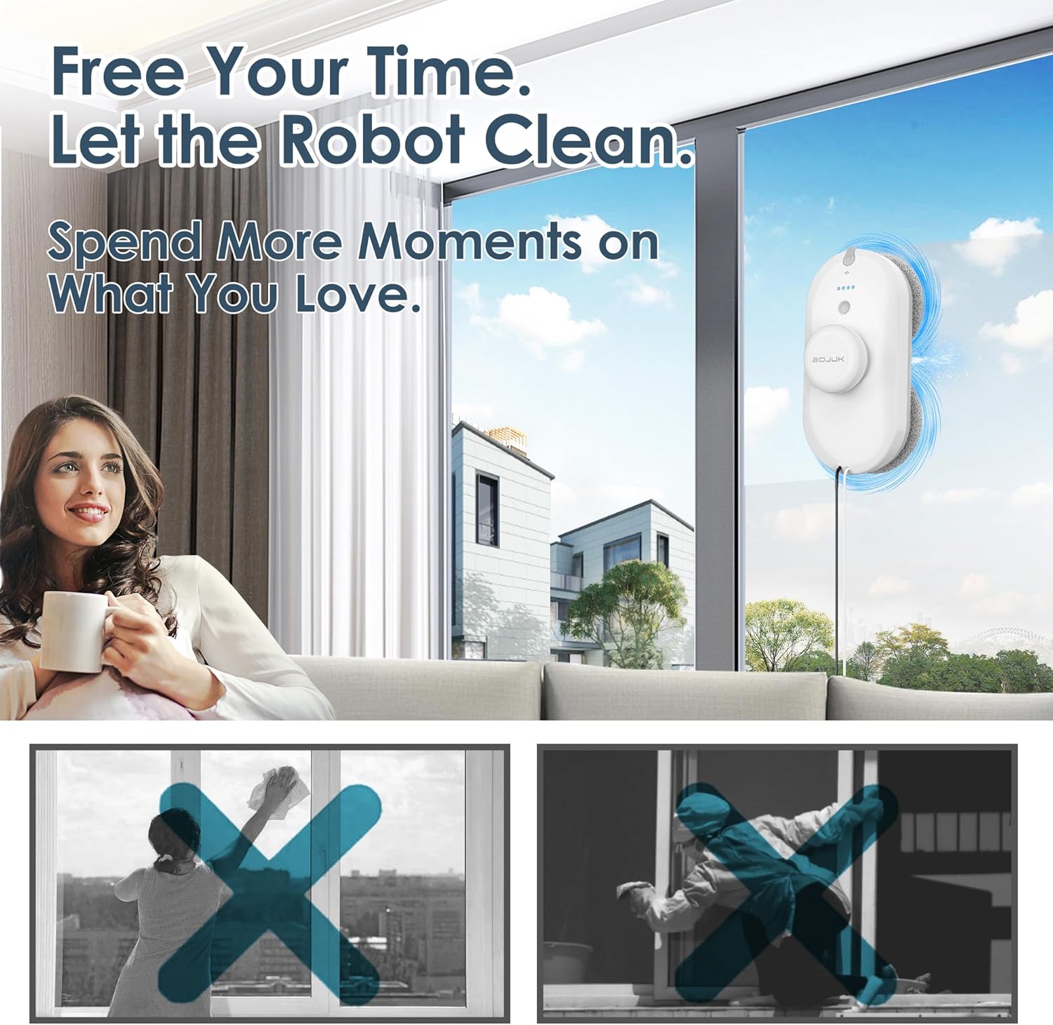 Window Cleaning Robot, 5000Pa Suction, Dual Spray, AI Smart Path Planning, Wet and Dry Glass Cleaner with Edge Detection and Anti-Drop Protection for High-Rise Windows (White) - Image 7