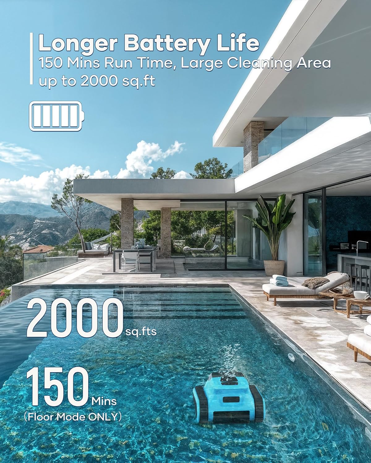 Pool Robot Vacuum for Inground Pools: Cordless Robotic Pool Cleaners with Hook 180W Suction Auto Vacuums Wall Climbing Waterline Scrubbing Cleaning 150 Mins Long Battery Up to 2,000 sq.ft - Image 8