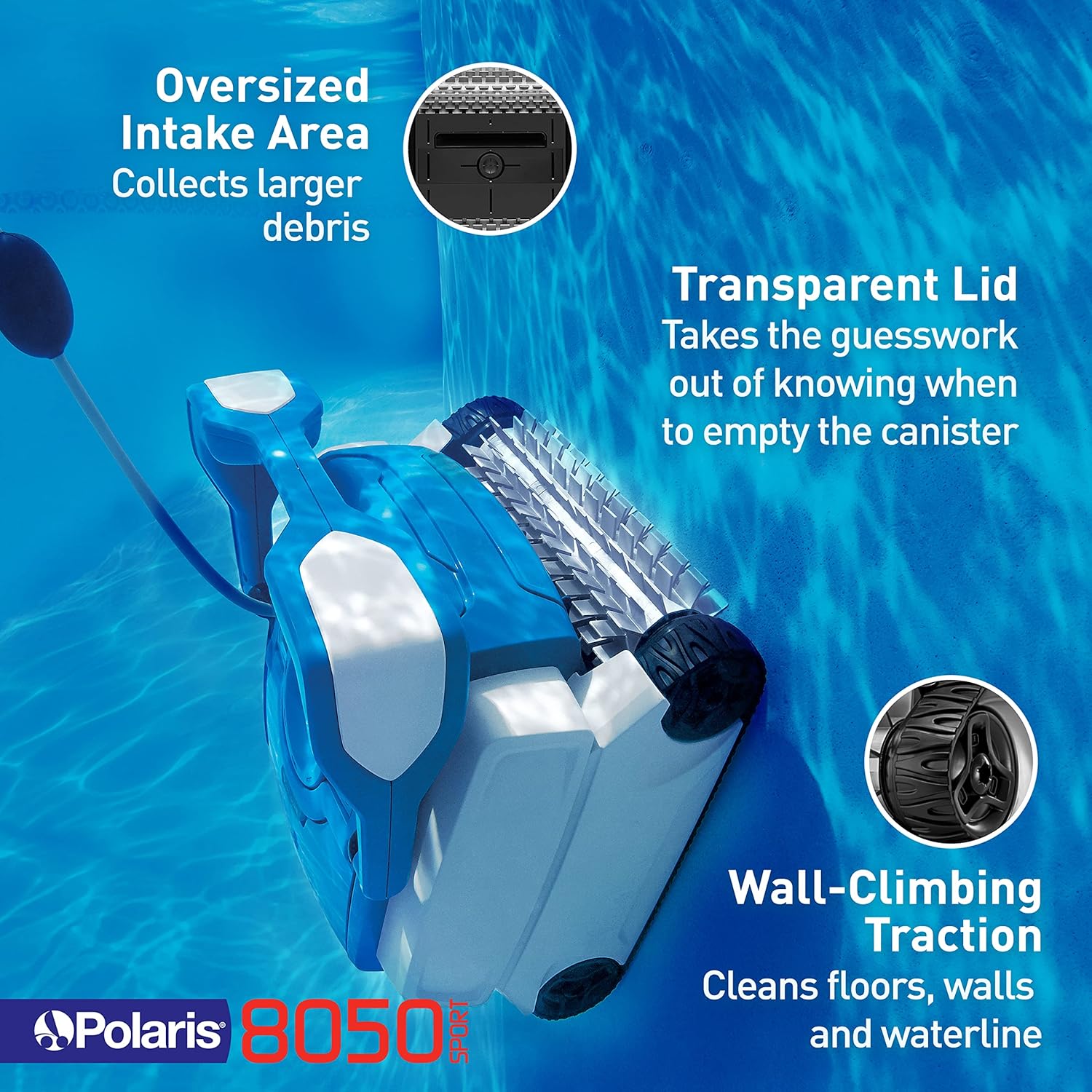 Polaris 8050 Sport Robotic Pool Cleaner, Automatic Vacuum for InGround Pools up to 40ft, Wall Climbing Vac w/Strong Suction & Easy Access Transparent Lid - Image 3